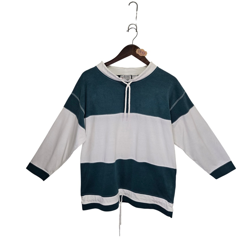 Vintage 90s Corner Stone Green White Striped Drawstring Hem Long Rugby Top L